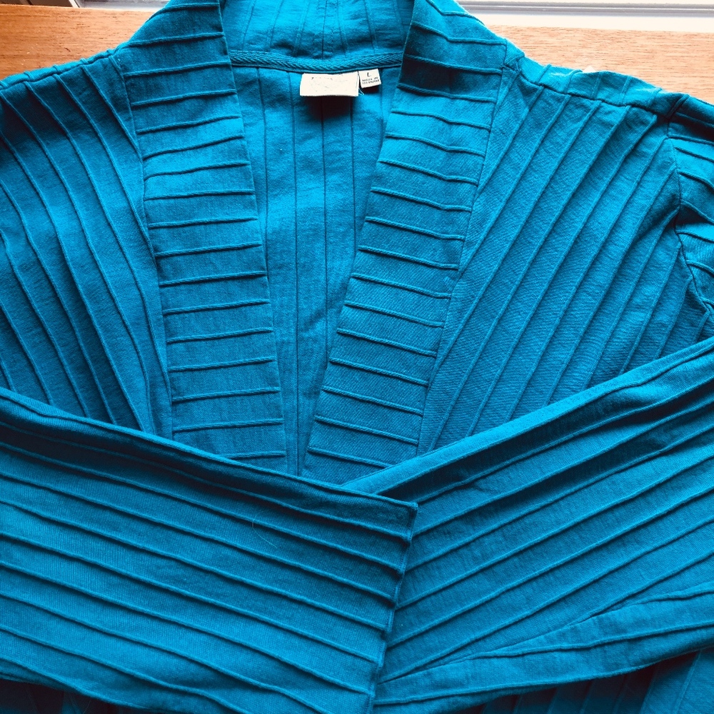 FOCUS peacock blue cotton ribbed open knit jacket